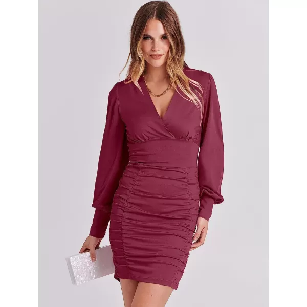 imageANRABESS Womens Deep V Neck Long Sleeve Short Cocktail Dress Sexy Ruched Bodycon Mini Party Club Night DressesBurgundy