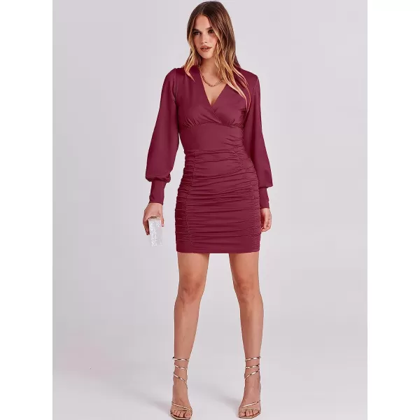 imageANRABESS Womens Deep V Neck Long Sleeve Short Cocktail Dress Sexy Ruched Bodycon Mini Party Club Night DressesBurgundy