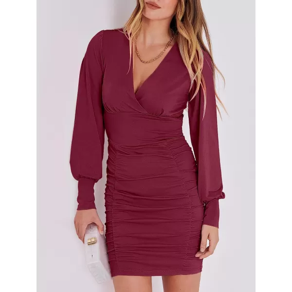 imageANRABESS Womens Deep V Neck Long Sleeve Short Cocktail Dress Sexy Ruched Bodycon Mini Party Club Night DressesBurgundy