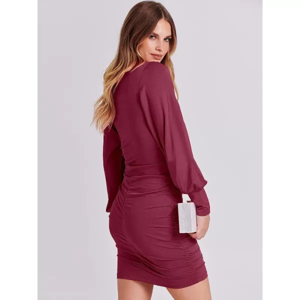 imageANRABESS Womens Deep V Neck Long Sleeve Short Cocktail Dress Sexy Ruched Bodycon Mini Party Club Night DressesBurgundy
