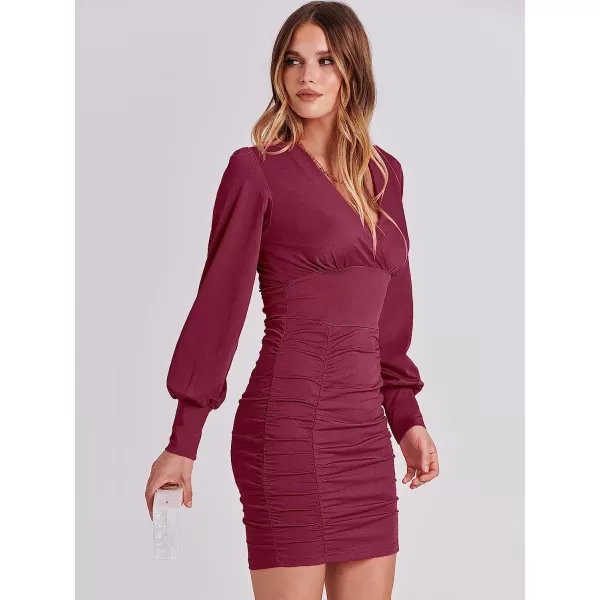 imageANRABESS Womens Deep V Neck Long Sleeve Short Cocktail Dress Sexy Ruched Bodycon Mini Party Club Night DressesBurgundy