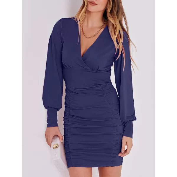 imageANRABESS Womens Deep V Neck Long Sleeve Short Cocktail Dress Sexy Ruched Bodycon Mini Party Club Night DressesNavy Blue
