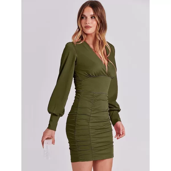 imageANRABESS Womens Deep V Neck Long Sleeve Short Cocktail Dress Sexy Ruched Bodycon Mini Party Club Night DressesOlive
