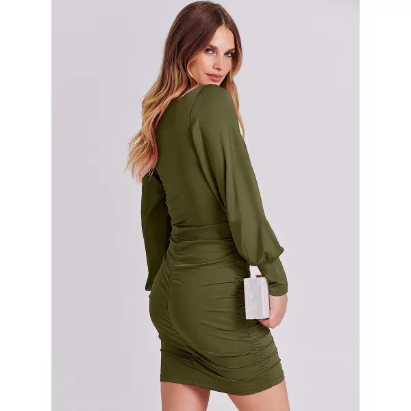 imageANRABESS Womens Deep V Neck Long Sleeve Short Cocktail Dress Sexy Ruched Bodycon Mini Party Club Night DressesOlive