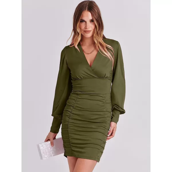 imageANRABESS Womens Deep V Neck Long Sleeve Short Cocktail Dress Sexy Ruched Bodycon Mini Party Club Night DressesOlive
