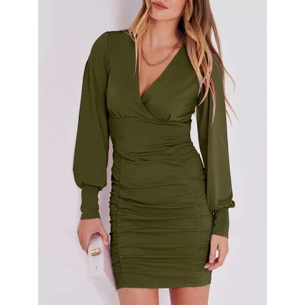 imageANRABESS Womens Deep V Neck Long Sleeve Short Cocktail Dress Sexy Ruched Bodycon Mini Party Club Night DressesOlive
