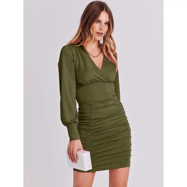 imageANRABESS Womens Deep V Neck Long Sleeve Short Cocktail Dress Sexy Ruched Bodycon Mini Party Club Night DressesOlive