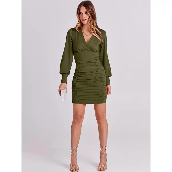 imageANRABESS Womens Deep V Neck Long Sleeve Short Cocktail Dress Sexy Ruched Bodycon Mini Party Club Night DressesOlive