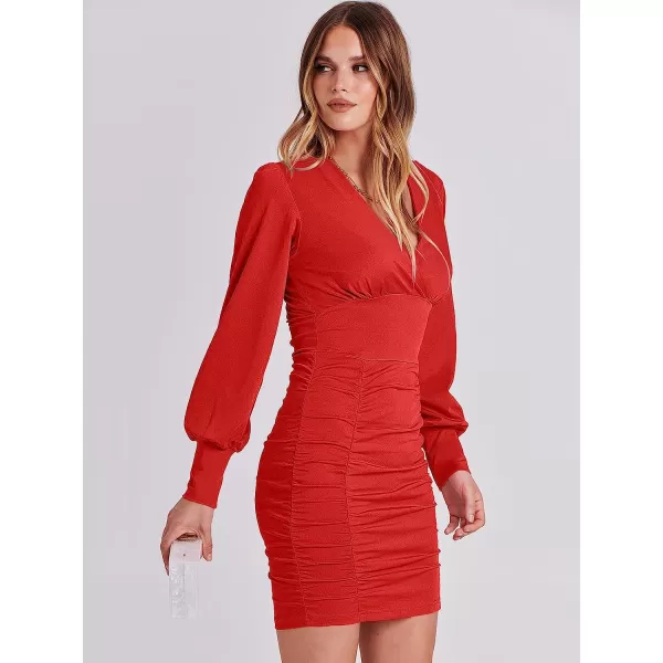 imageANRABESS Womens Deep V Neck Long Sleeve Short Cocktail Dress Sexy Ruched Bodycon Mini Party Club Night DressesRed