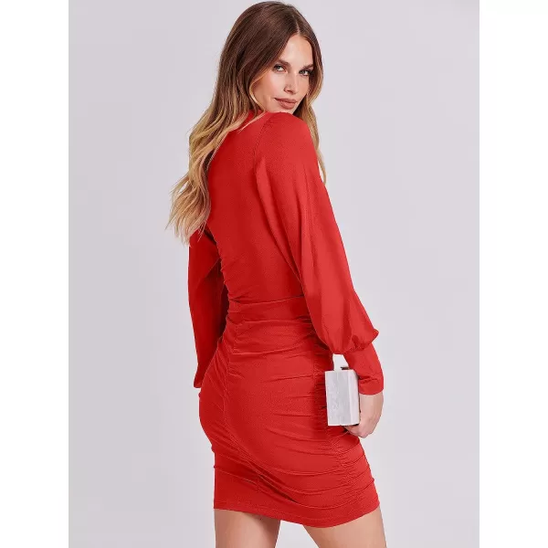 imageANRABESS Womens Deep V Neck Long Sleeve Short Cocktail Dress Sexy Ruched Bodycon Mini Party Club Night DressesRed