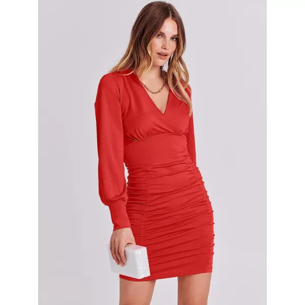 imageANRABESS Womens Deep V Neck Long Sleeve Short Cocktail Dress Sexy Ruched Bodycon Mini Party Club Night DressesRed