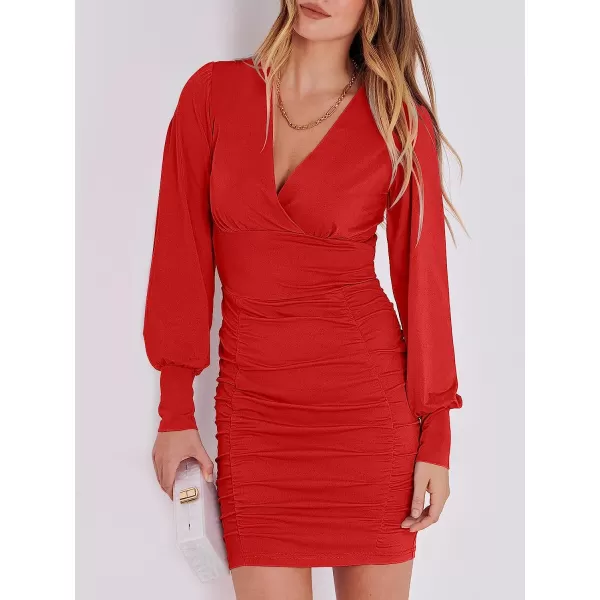 imageANRABESS Womens Deep V Neck Long Sleeve Short Cocktail Dress Sexy Ruched Bodycon Mini Party Club Night DressesRed