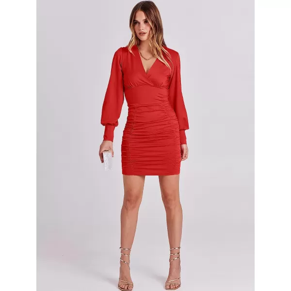 imageANRABESS Womens Deep V Neck Long Sleeve Short Cocktail Dress Sexy Ruched Bodycon Mini Party Club Night DressesRed