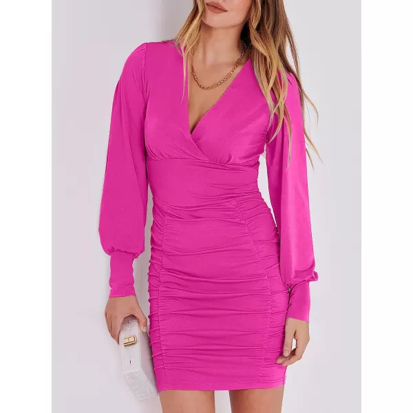 imageANRABESS Womens Deep V Neck Long Sleeve Short Cocktail Dress Sexy Ruched Bodycon Mini Party Club Night DressesRose