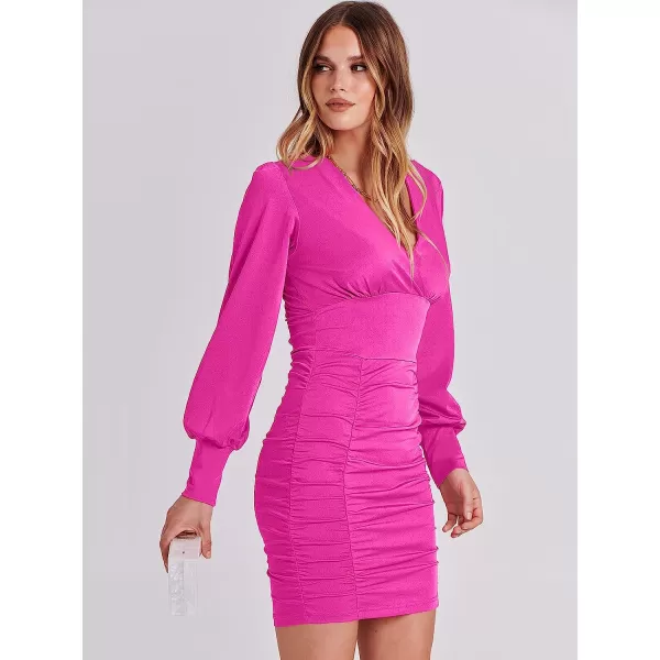 imageANRABESS Womens Deep V Neck Long Sleeve Short Cocktail Dress Sexy Ruched Bodycon Mini Party Club Night DressesRose
