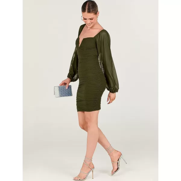 imageANRABESS Womens Deep V Neck Puff Long Sleeve Ruched Bodycon Mini Dress Party Club Night Cocktail Short DressesArmy Green