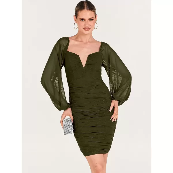 imageANRABESS Womens Deep V Neck Puff Long Sleeve Ruched Bodycon Mini Dress Party Club Night Cocktail Short DressesArmy Green