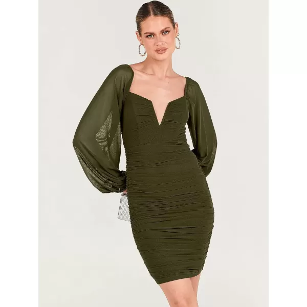 imageANRABESS Womens Deep V Neck Puff Long Sleeve Ruched Bodycon Mini Dress Party Club Night Cocktail Short DressesArmy Green