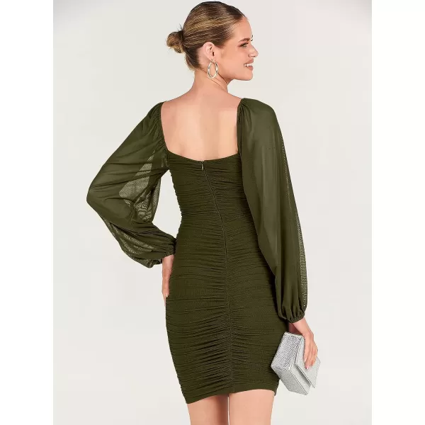 imageANRABESS Womens Deep V Neck Puff Long Sleeve Ruched Bodycon Mini Dress Party Club Night Cocktail Short DressesArmy Green