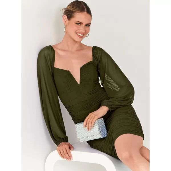 imageANRABESS Womens Deep V Neck Puff Long Sleeve Ruched Bodycon Mini Dress Party Club Night Cocktail Short DressesArmy Green