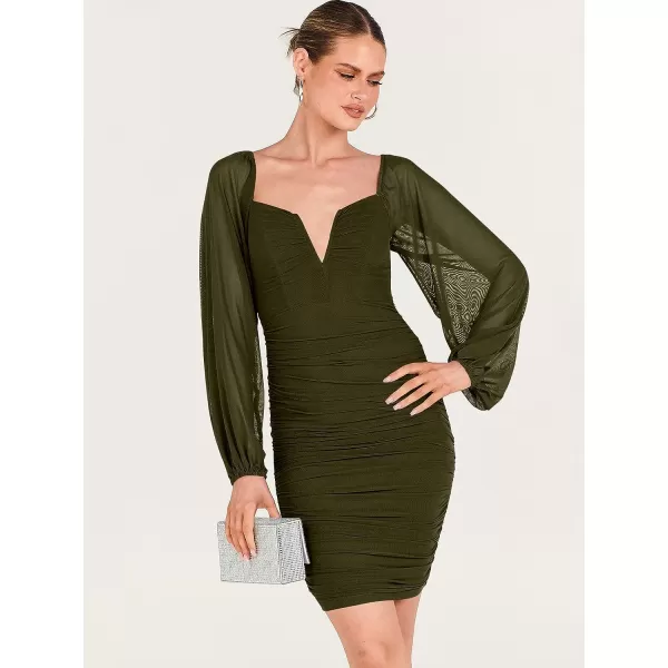 imageANRABESS Womens Deep V Neck Puff Long Sleeve Ruched Bodycon Mini Dress Party Club Night Cocktail Short DressesArmy Green