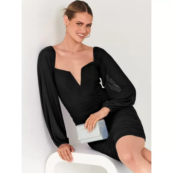 imageANRABESS Womens Deep V Neck Puff Long Sleeve Ruched Bodycon Mini Dress Party Club Night Cocktail Short DressesBlack