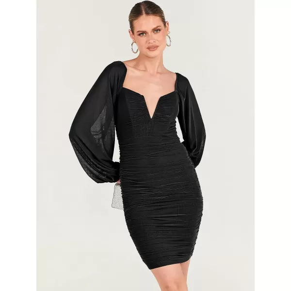 imageANRABESS Womens Deep V Neck Puff Long Sleeve Ruched Bodycon Mini Dress Party Club Night Cocktail Short DressesBlack