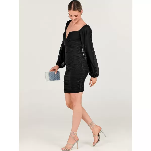 imageANRABESS Womens Deep V Neck Puff Long Sleeve Ruched Bodycon Mini Dress Party Club Night Cocktail Short DressesBlack