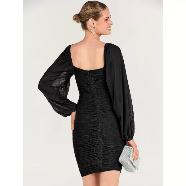 imageANRABESS Womens Deep V Neck Puff Long Sleeve Ruched Bodycon Mini Dress Party Club Night Cocktail Short DressesBlack