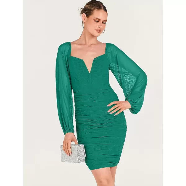 imageANRABESS Womens Deep V Neck Puff Long Sleeve Ruched Bodycon Mini Dress Party Club Night Cocktail Short DressesLake