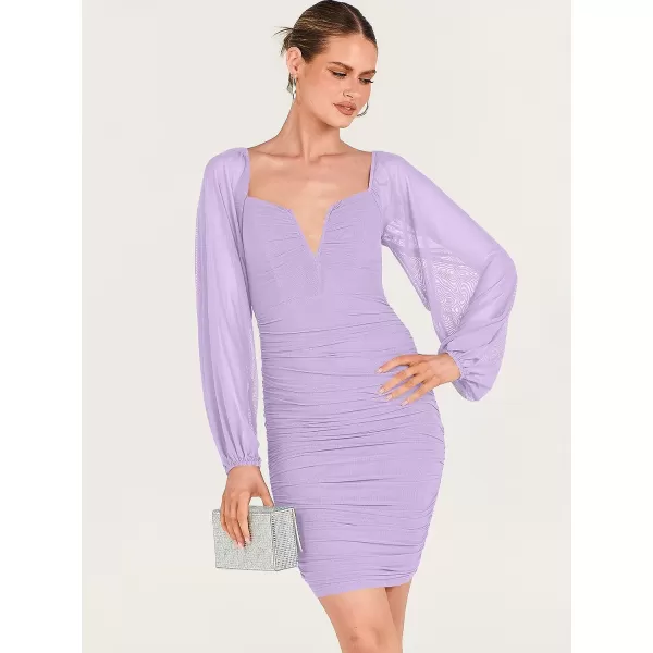 imageANRABESS Womens Deep V Neck Puff Long Sleeve Ruched Bodycon Mini Dress Party Club Night Cocktail Short DressesPurple