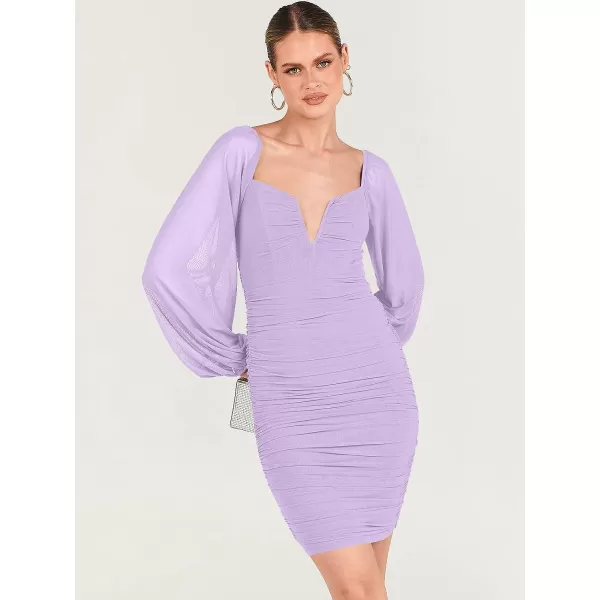 imageANRABESS Womens Deep V Neck Puff Long Sleeve Ruched Bodycon Mini Dress Party Club Night Cocktail Short DressesPurple