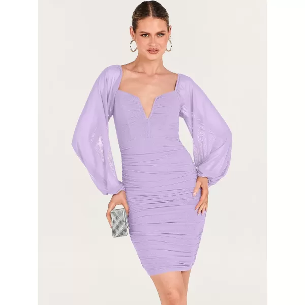 imageANRABESS Womens Deep V Neck Puff Long Sleeve Ruched Bodycon Mini Dress Party Club Night Cocktail Short DressesPurple