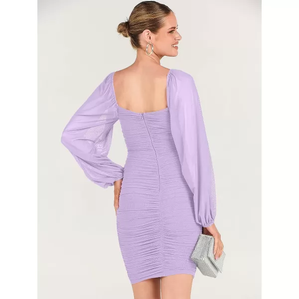 imageANRABESS Womens Deep V Neck Puff Long Sleeve Ruched Bodycon Mini Dress Party Club Night Cocktail Short DressesPurple