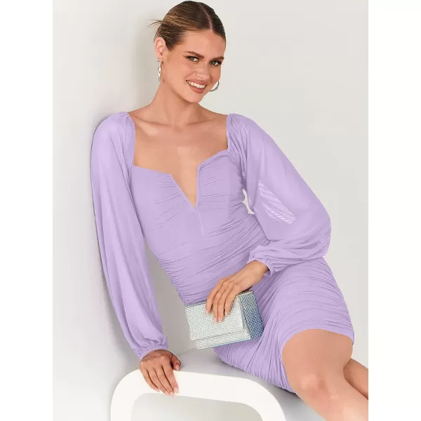 imageANRABESS Womens Deep V Neck Puff Long Sleeve Ruched Bodycon Mini Dress Party Club Night Cocktail Short DressesPurple