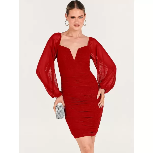 imageANRABESS Womens Deep V Neck Puff Long Sleeve Ruched Bodycon Mini Dress Party Club Night Cocktail Short DressesRed