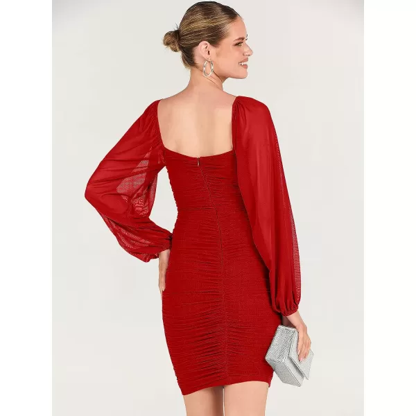 imageANRABESS Womens Deep V Neck Puff Long Sleeve Ruched Bodycon Mini Dress Party Club Night Cocktail Short DressesRed