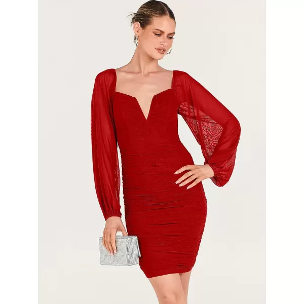 imageANRABESS Womens Deep V Neck Puff Long Sleeve Ruched Bodycon Mini Dress Party Club Night Cocktail Short DressesRed