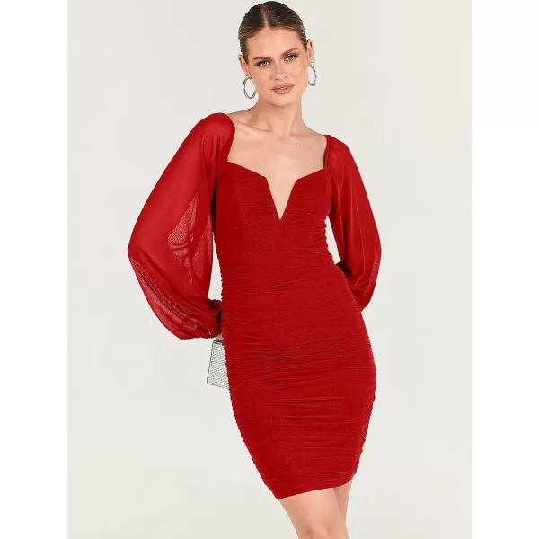 imageANRABESS Womens Deep V Neck Puff Long Sleeve Ruched Bodycon Mini Dress Party Club Night Cocktail Short DressesRed