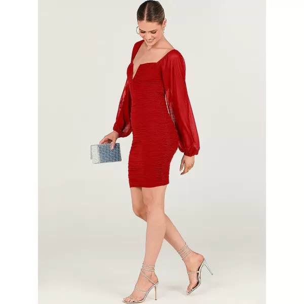 imageANRABESS Womens Deep V Neck Puff Long Sleeve Ruched Bodycon Mini Dress Party Club Night Cocktail Short DressesRed