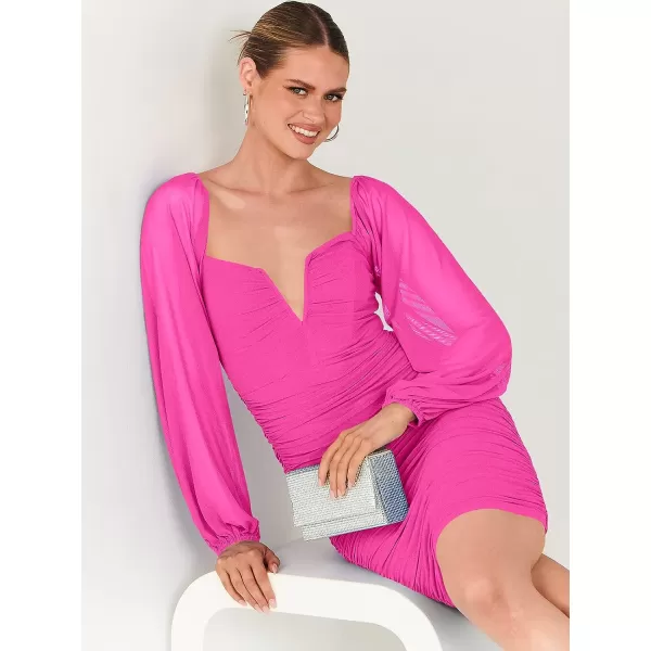 imageANRABESS Womens Deep V Neck Puff Long Sleeve Ruched Bodycon Mini Dress Party Club Night Cocktail Short DressesRose