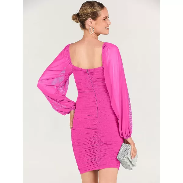 imageANRABESS Womens Deep V Neck Puff Long Sleeve Ruched Bodycon Mini Dress Party Club Night Cocktail Short DressesRose