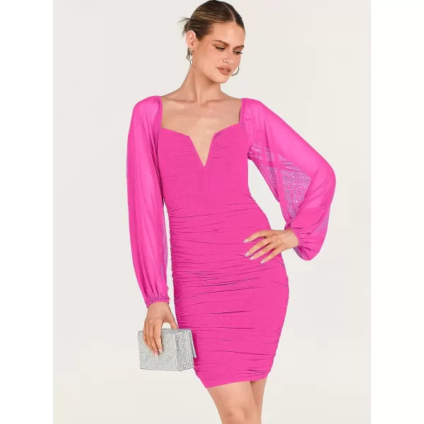 imageANRABESS Womens Deep V Neck Puff Long Sleeve Ruched Bodycon Mini Dress Party Club Night Cocktail Short DressesRose