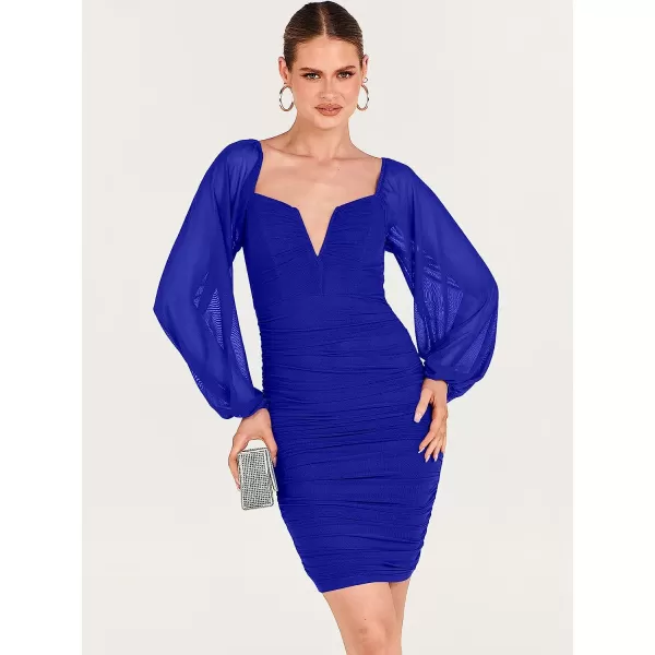 imageANRABESS Womens Deep V Neck Puff Long Sleeve Ruched Bodycon Mini Dress Party Club Night Cocktail Short DressesRoyal Blue