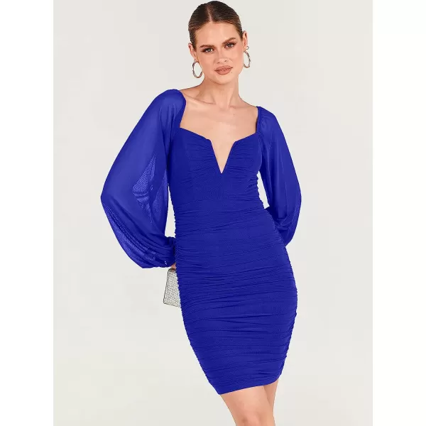imageANRABESS Womens Deep V Neck Puff Long Sleeve Ruched Bodycon Mini Dress Party Club Night Cocktail Short DressesRoyal Blue