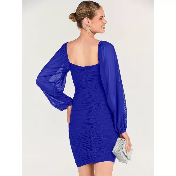 imageANRABESS Womens Deep V Neck Puff Long Sleeve Ruched Bodycon Mini Dress Party Club Night Cocktail Short DressesRoyal Blue