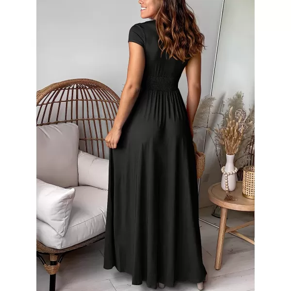 imageANRABESS Womens Deep V Neck Short Sleeve Long Dresses Pleated High Waist Slit Club Party Evening Maxi DressBlack