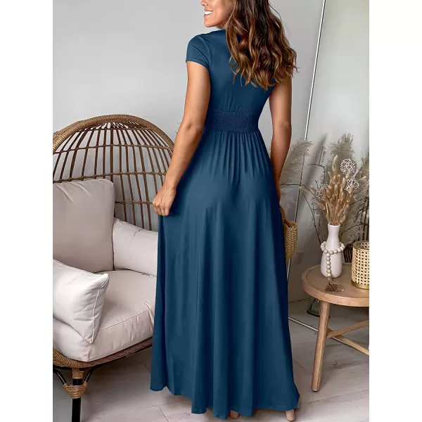 imageANRABESS Womens Deep V Neck Short Sleeve Long Dresses Pleated High Waist Slit Club Party Evening Maxi DressDeep Blue