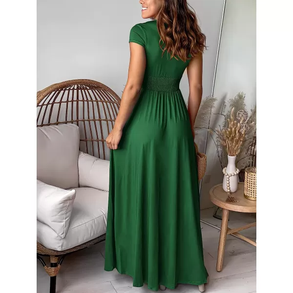 imageANRABESS Womens Deep V Neck Short Sleeve Long Dresses Pleated High Waist Slit Club Party Evening Maxi DressGreen