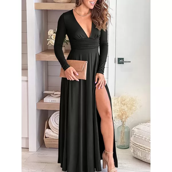 imageANRABESS Womens Deep V Neck Short Sleeve Long Dresses Pleated High Waist Slit Club Party Evening Maxi DressLong Sleeve Black